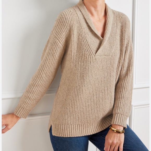 Talbots Shaker Tan V-Neck Wool Blend Shawl Collar Sweater Women’s Size Small - Picture 1 of 6